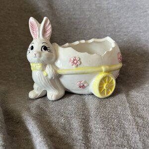 VTG Anthropomorphic Easter Bunny Rabbit Pulling Easter Egg Wagon Planter 4.5”